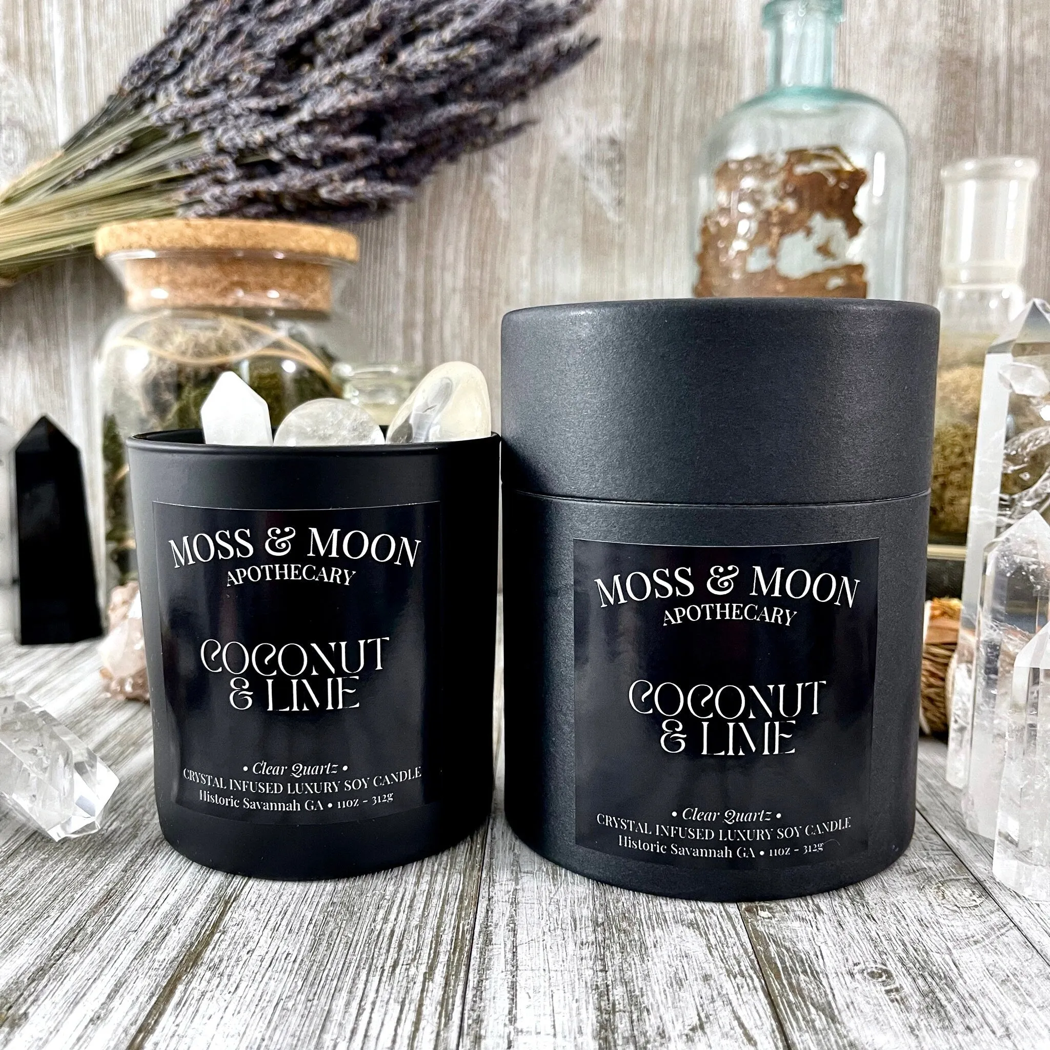 Coconut and Lime Candle with Clear Quartz - Moss & Moon Apothecary Luxury Soy Crystal Candle /