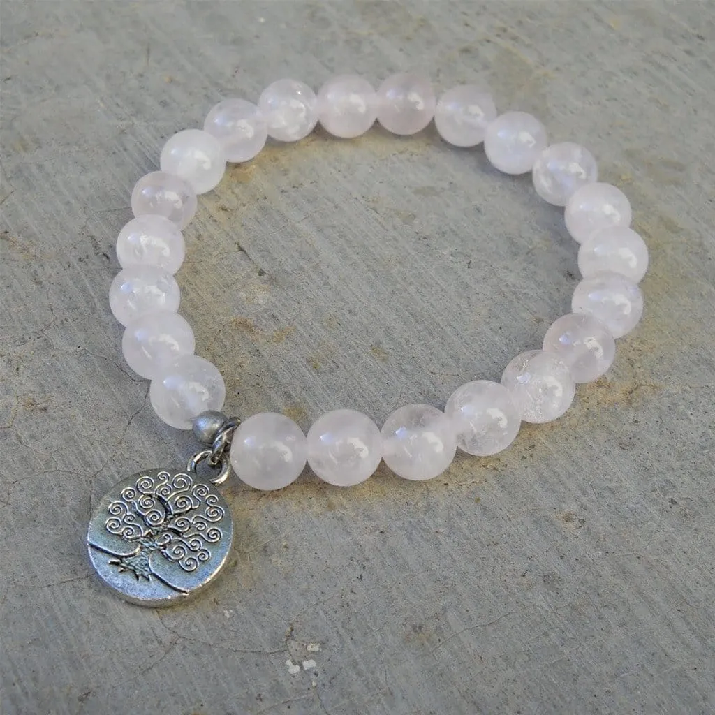 Comfort and Wisdom, Genuine Rose Quartz Gemstone Mala Bracelet with Tree Of Life Charm