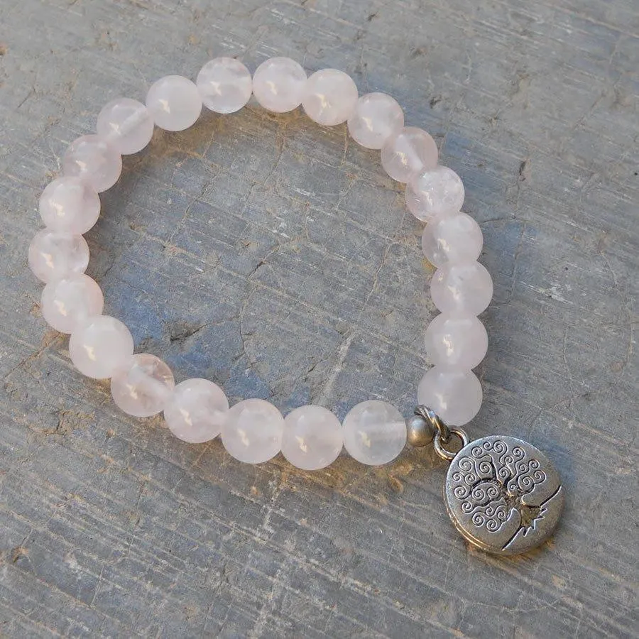 Comfort and Wisdom, Genuine Rose Quartz Gemstone Mala Bracelet with Tree Of Life Charm