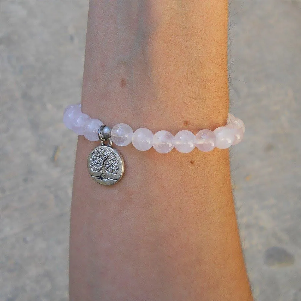 Comfort and Wisdom, Genuine Rose Quartz Gemstone Mala Bracelet with Tree Of Life Charm