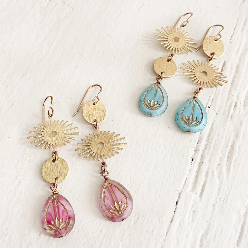 cosmic eye // asymmetrical lotus flower and celestial brass dangle earrings