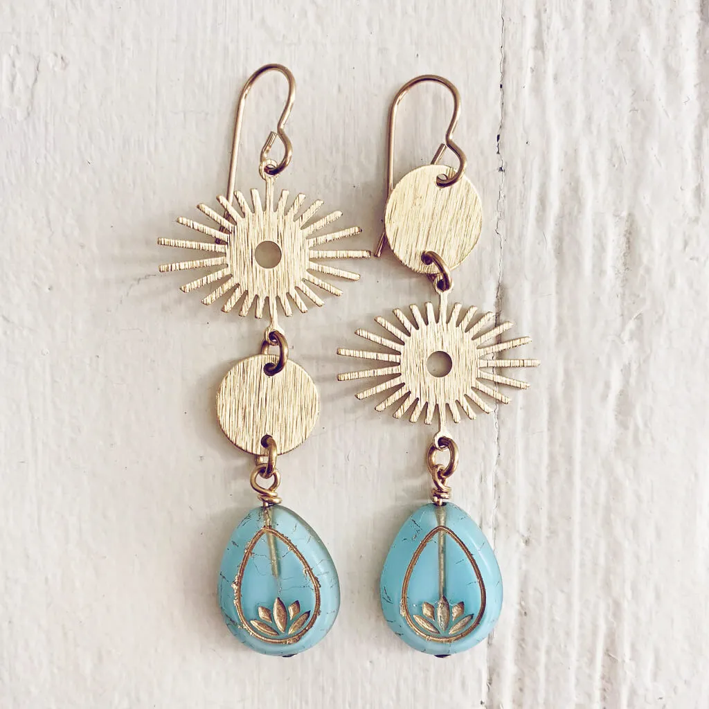 cosmic eye // asymmetrical lotus flower and celestial brass dangle earrings