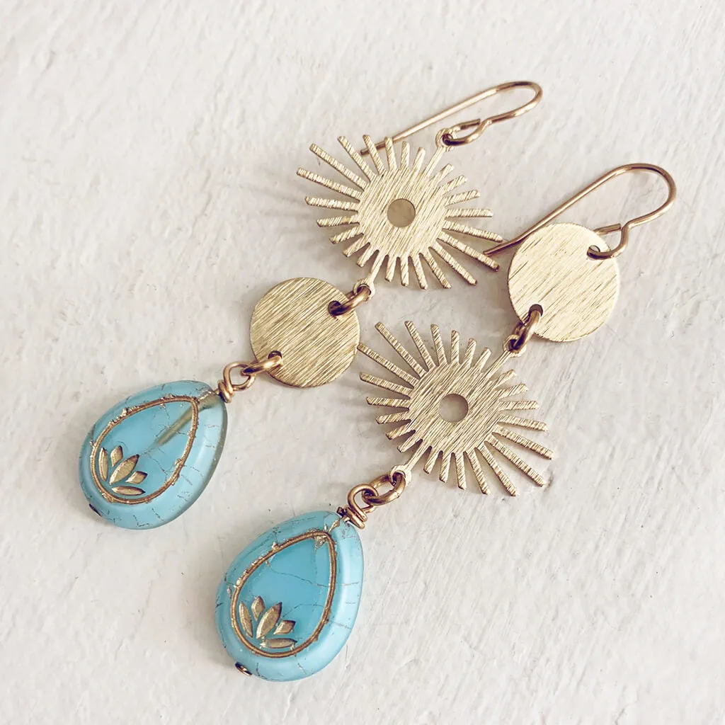 cosmic eye // asymmetrical lotus flower and celestial brass dangle earrings