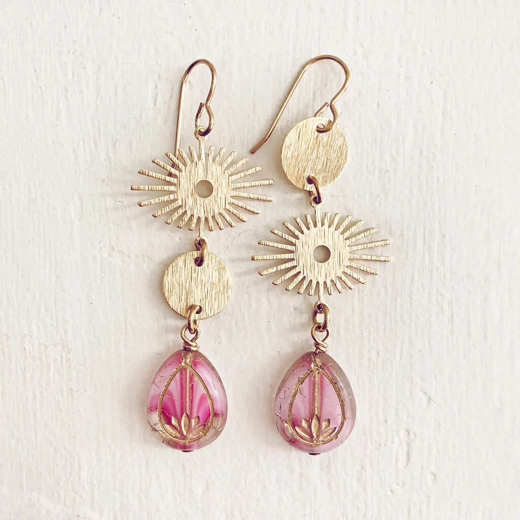 cosmic eye // asymmetrical lotus flower and celestial brass dangle earrings