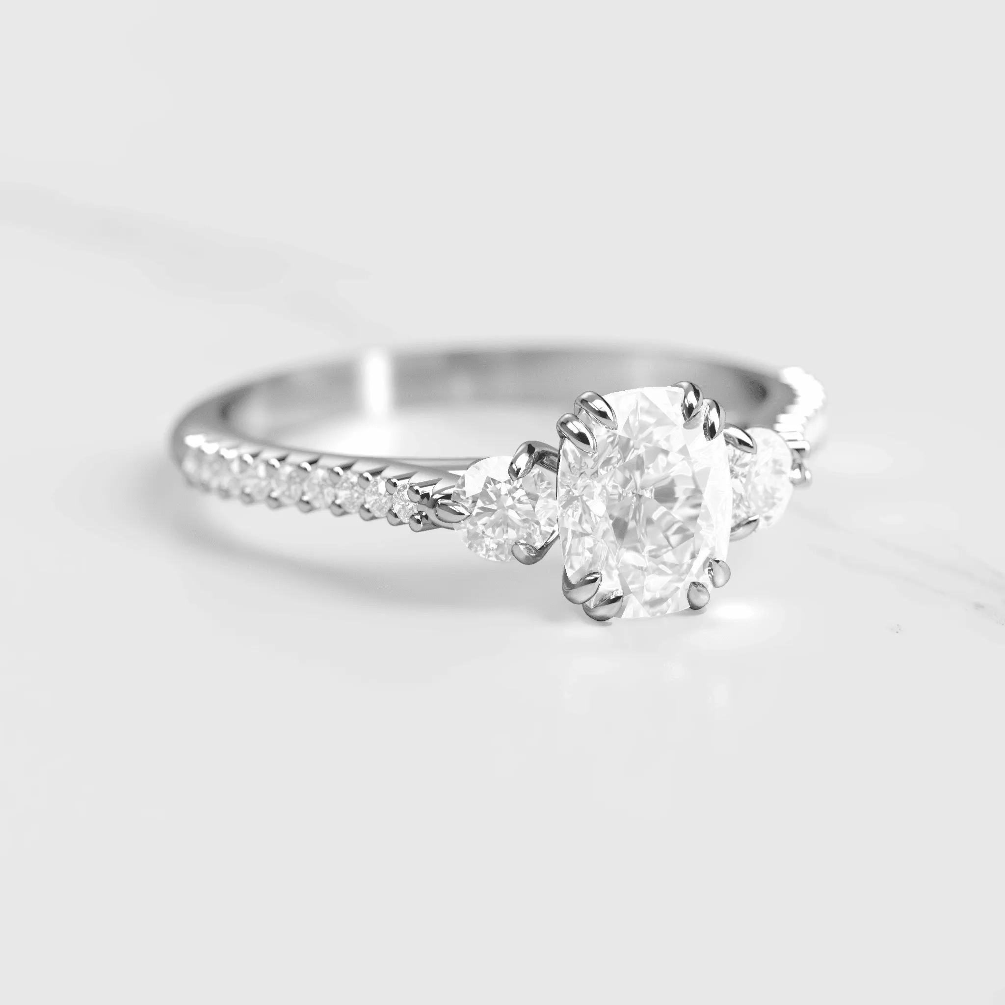 Cushion Half Pave Diamond Ring With Accent Stones