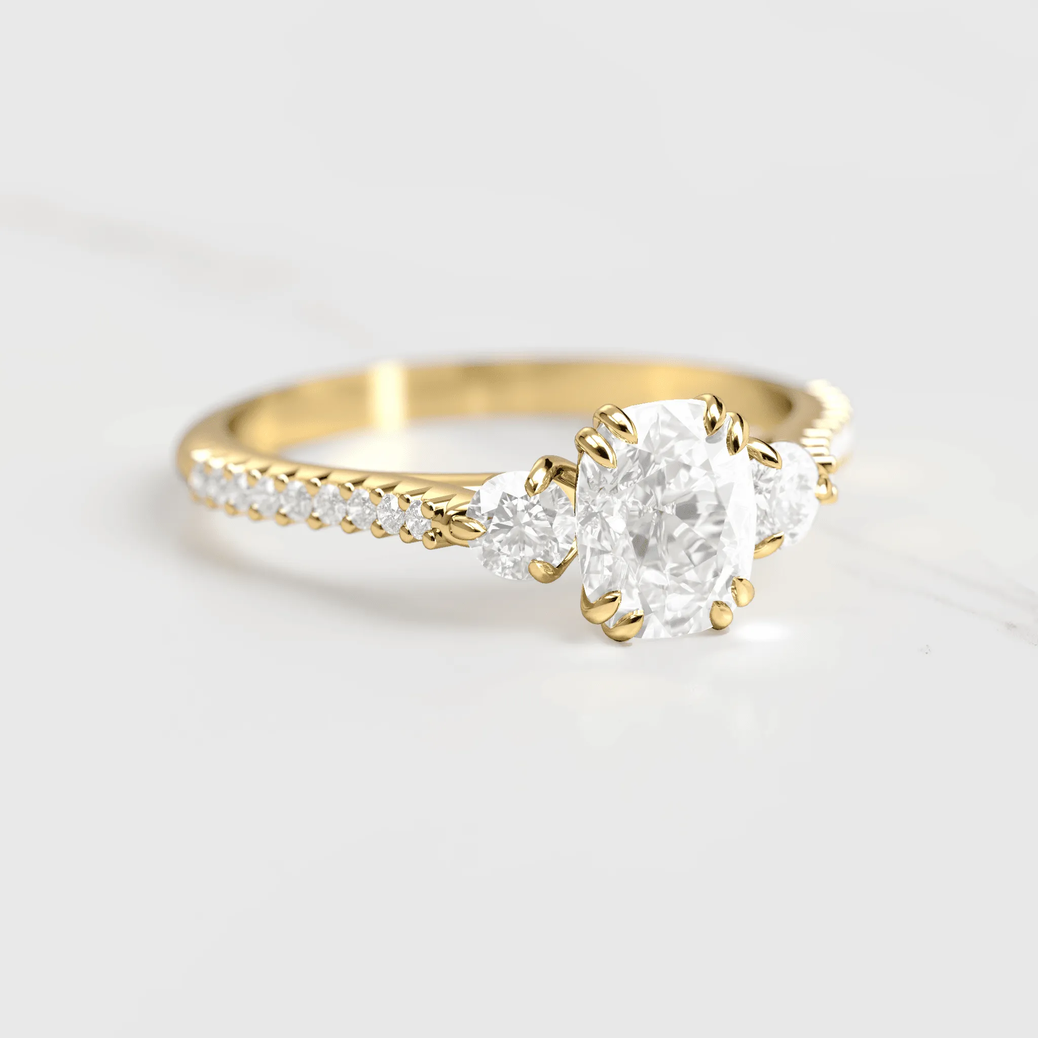 Cushion Half Pave Diamond Ring With Accent Stones