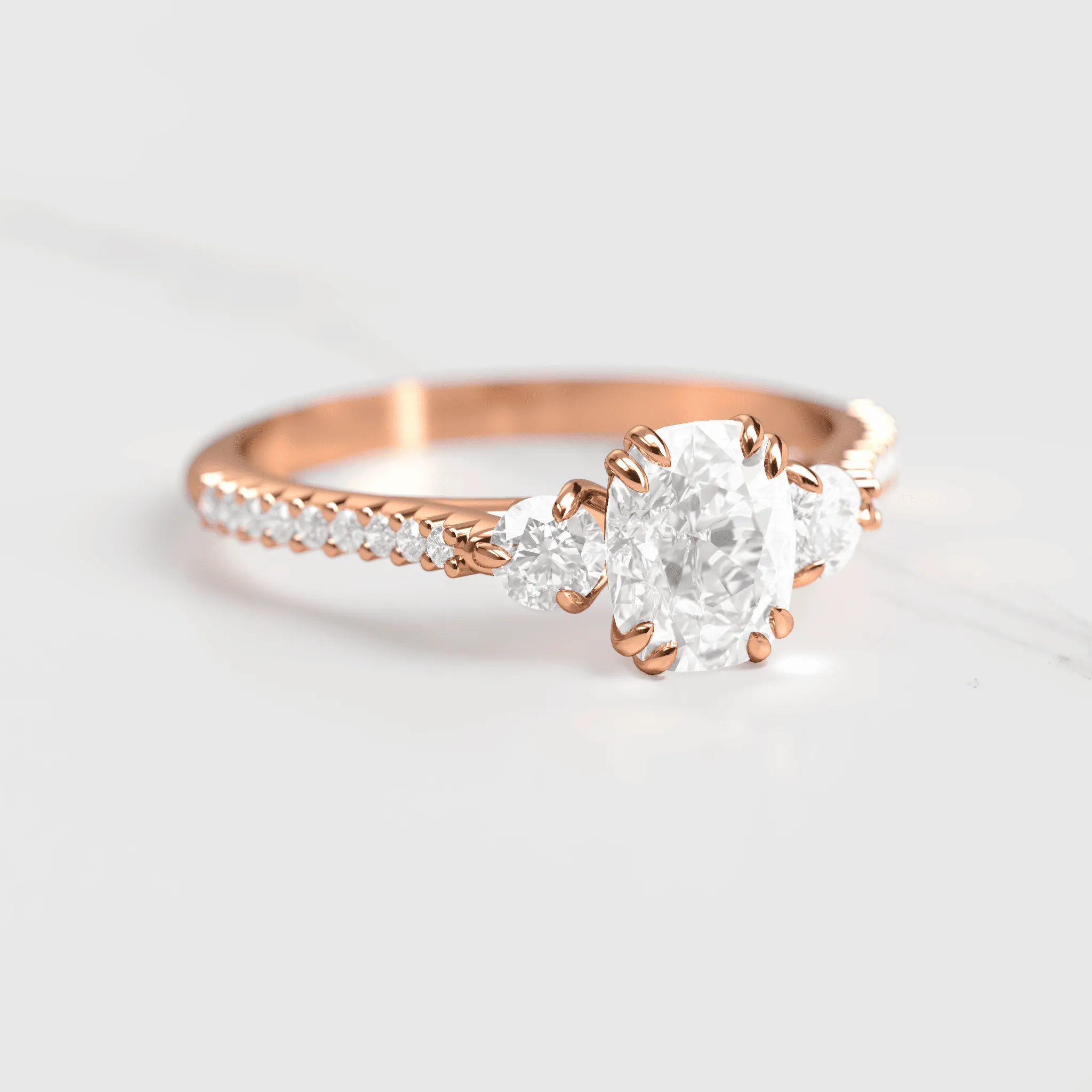 Cushion Half Pave Diamond Ring With Accent Stones