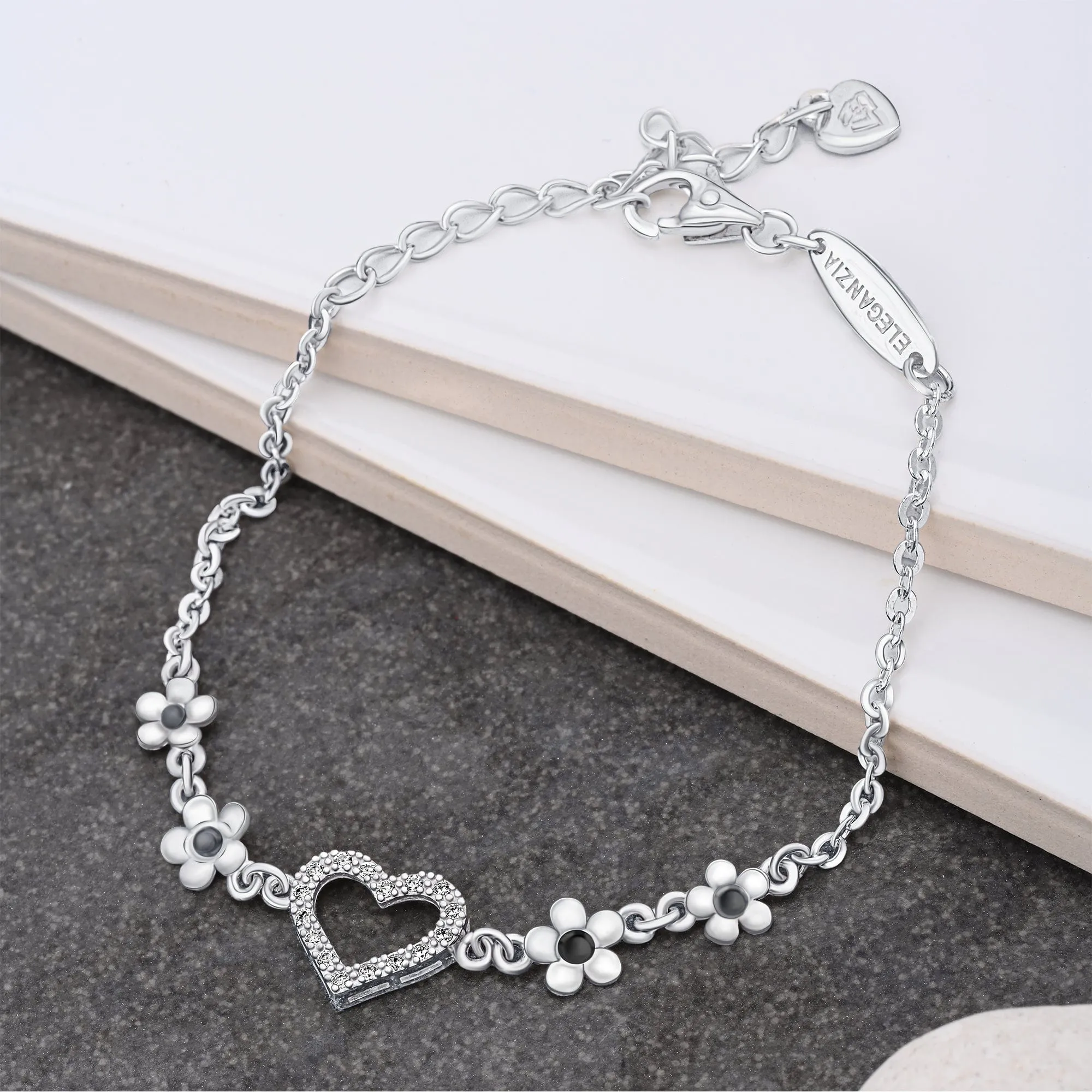 CZ Open Heart Flower Bracelet Sterling Silver