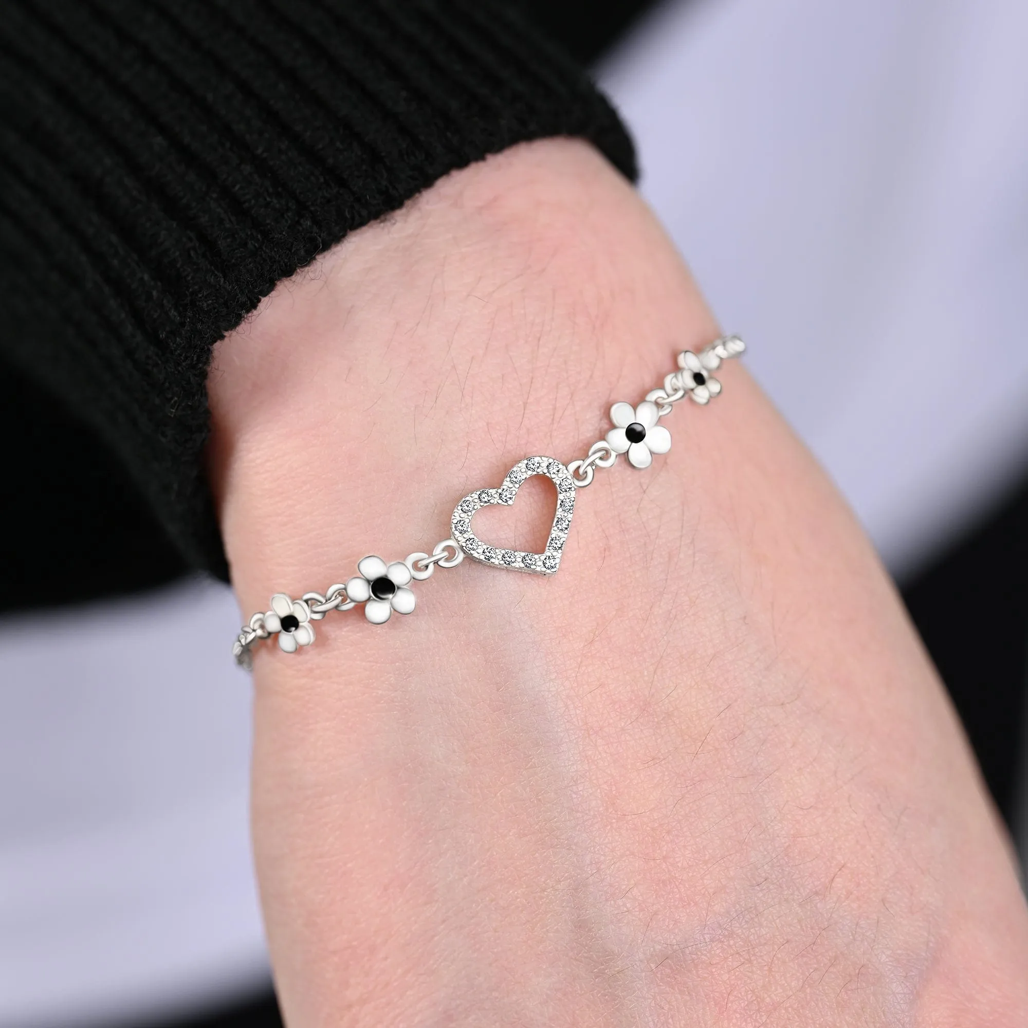 CZ Open Heart Flower Bracelet Sterling Silver