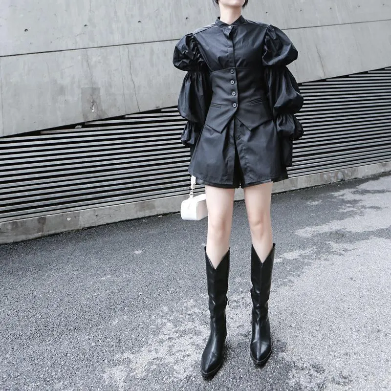 Daoko Pleated Puff Long Sleeve Shirt - Black