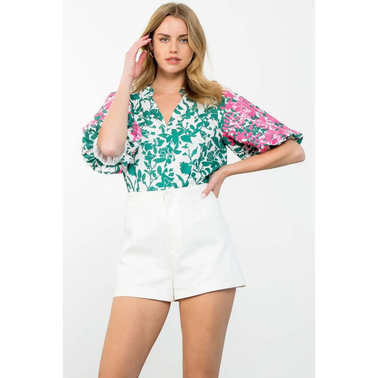 Deidra Embroidered Puff Sleeve Print THML Top