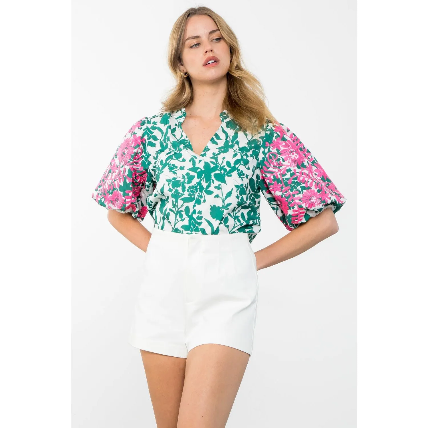 Deidra Embroidered Puff Sleeve Print THML Top