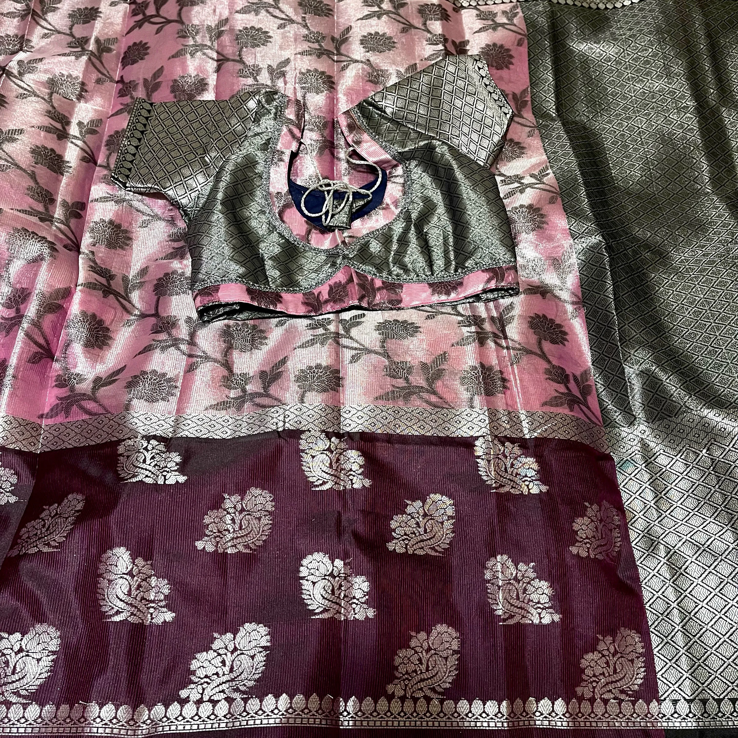 Designer Purple Pink & Black Silver Zari Banarasi Tissue Silk Saree with stitched Blouse