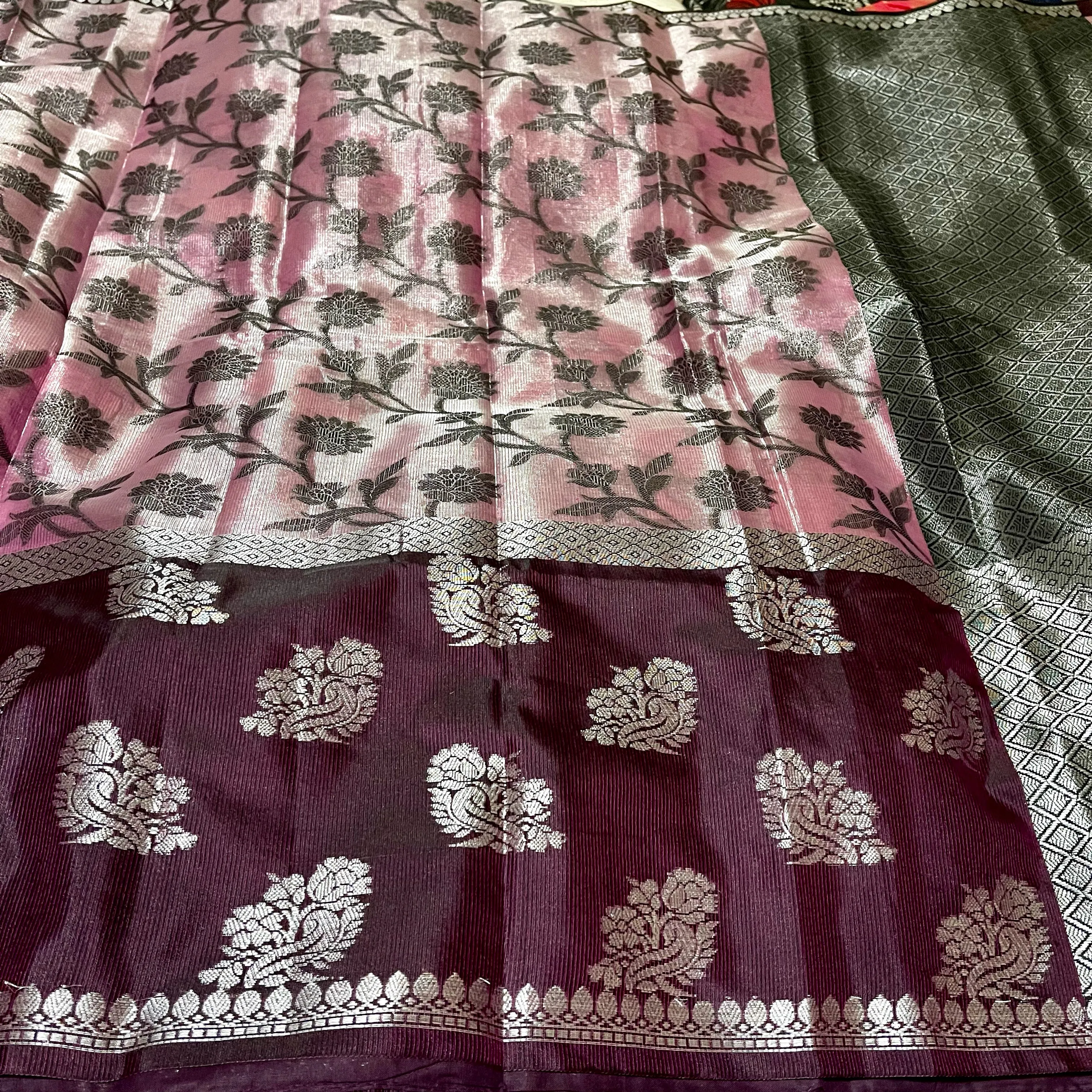 Designer Purple Pink & Black Silver Zari Banarasi Tissue Silk Saree with stitched Blouse