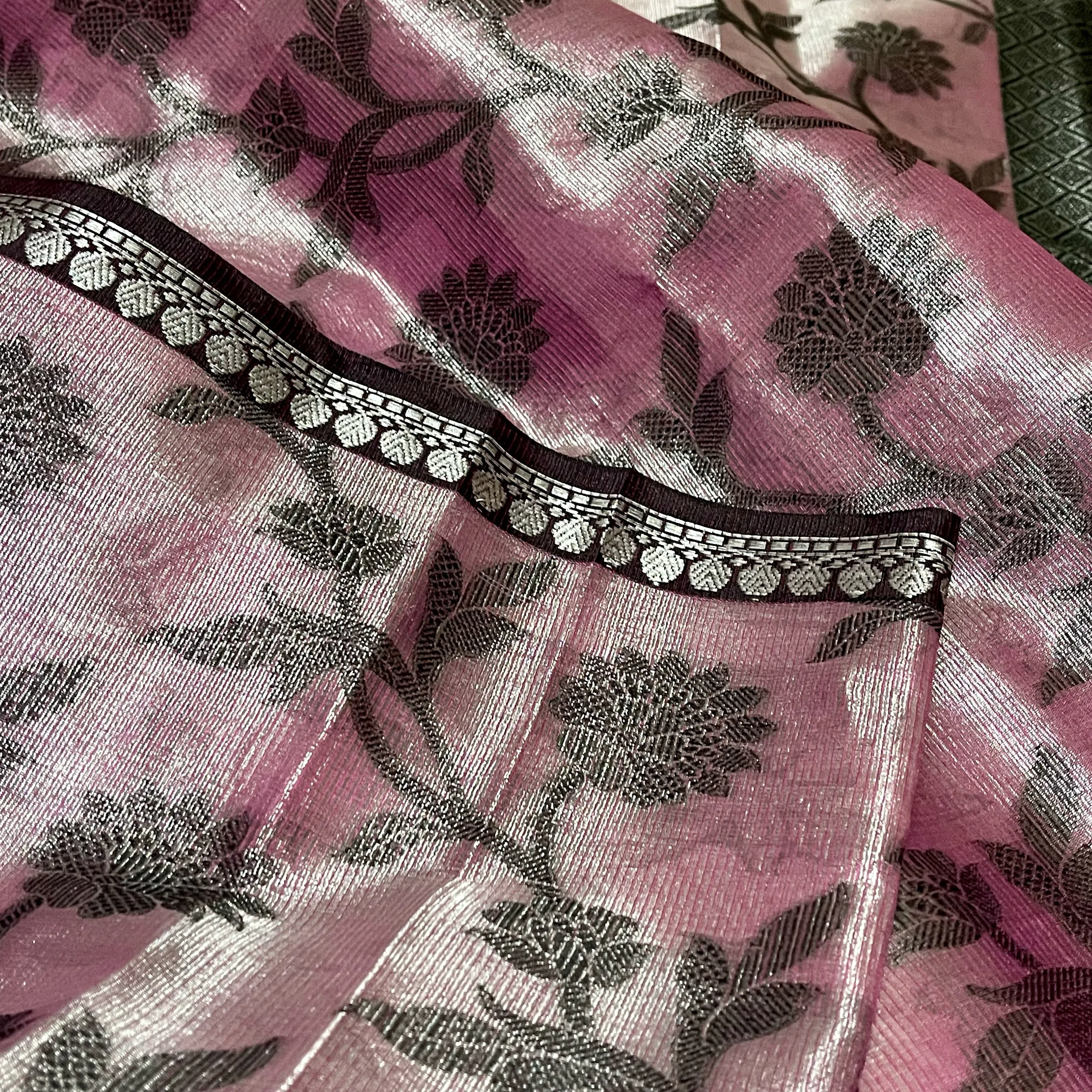 Designer Purple Pink & Black Silver Zari Banarasi Tissue Silk Saree with stitched Blouse