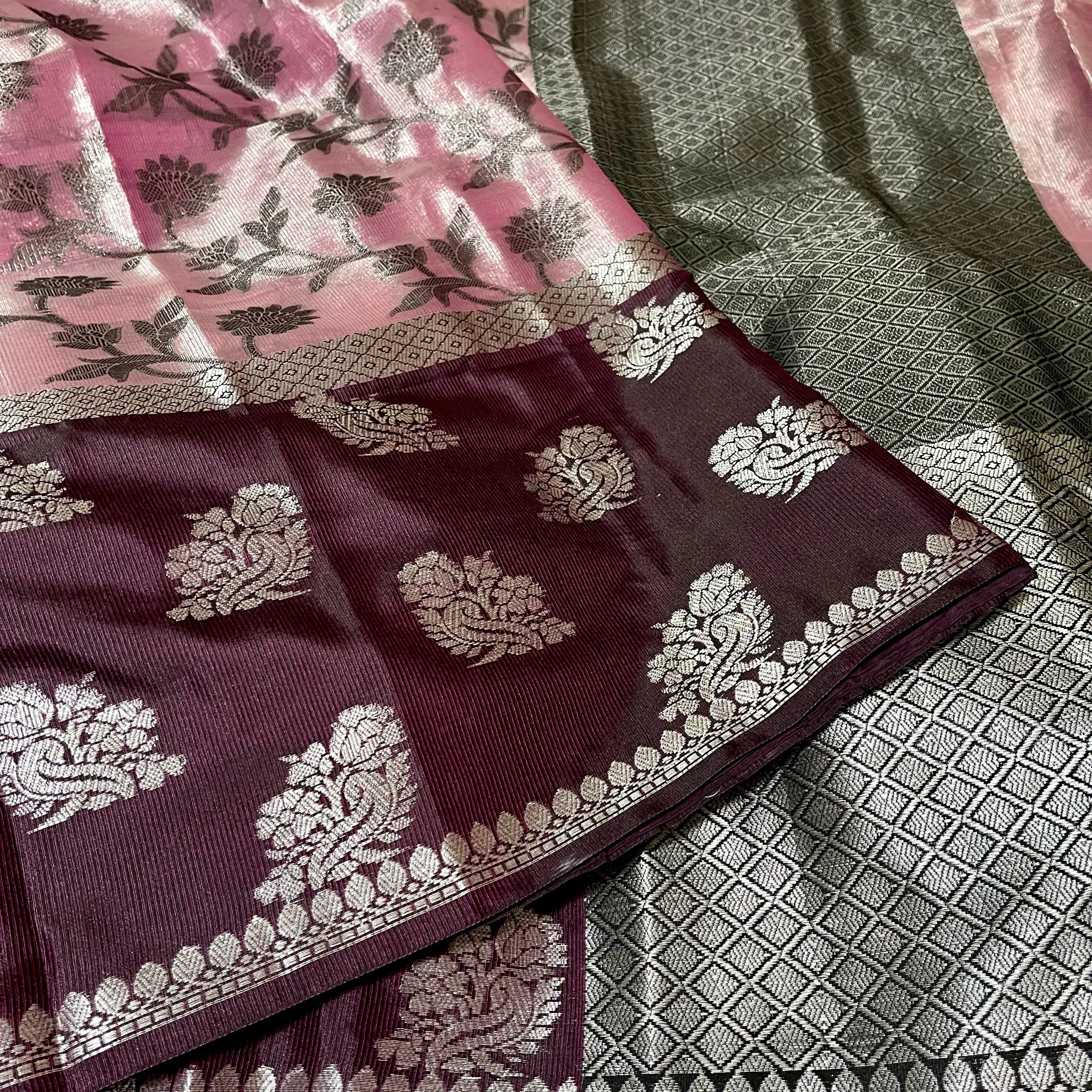 Designer Purple Pink & Black Silver Zari Banarasi Tissue Silk Saree with stitched Blouse