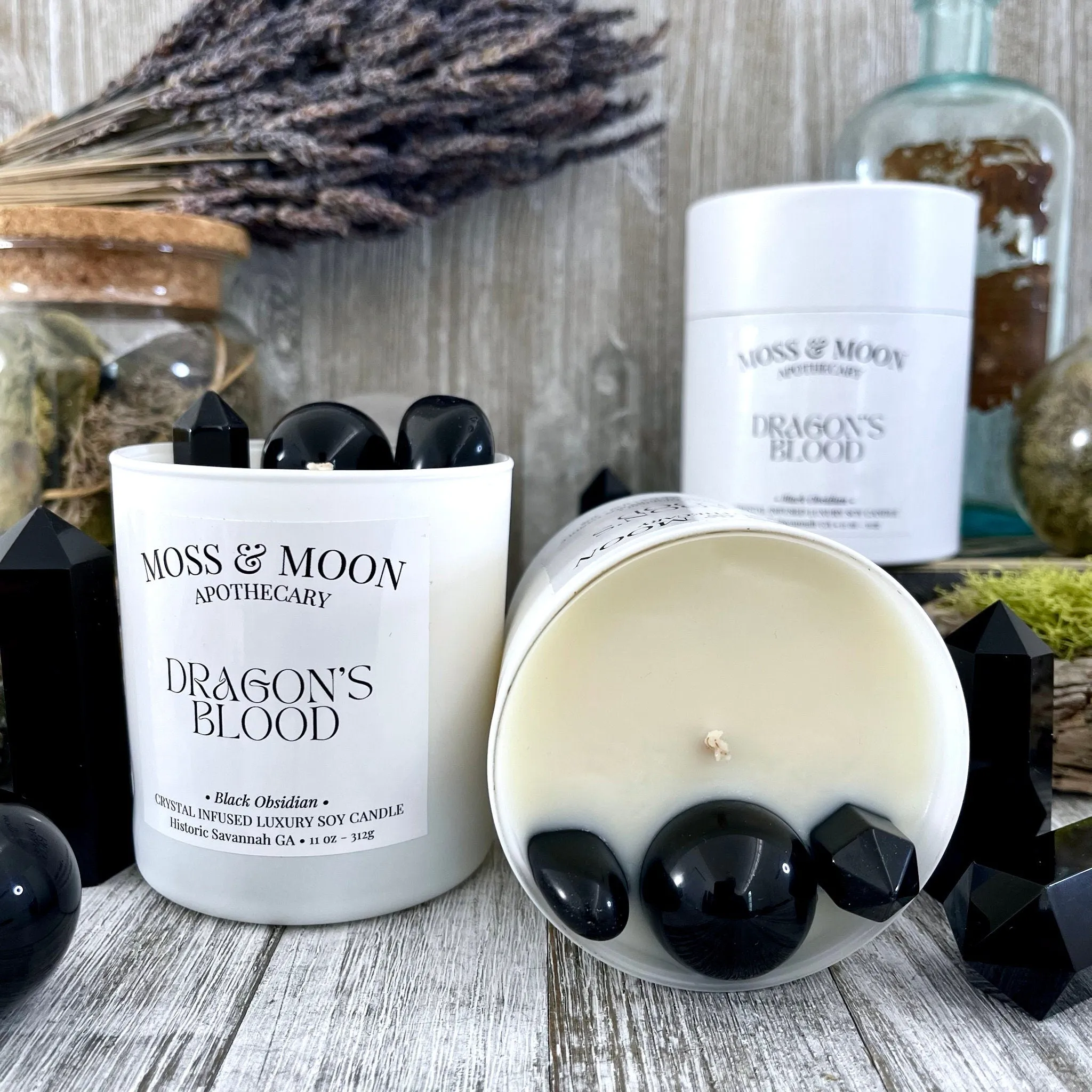 Dragon's Blood Candle with Black Obsidian - Moss & Moon Apothecary Luxury Soy Crystal Candle /