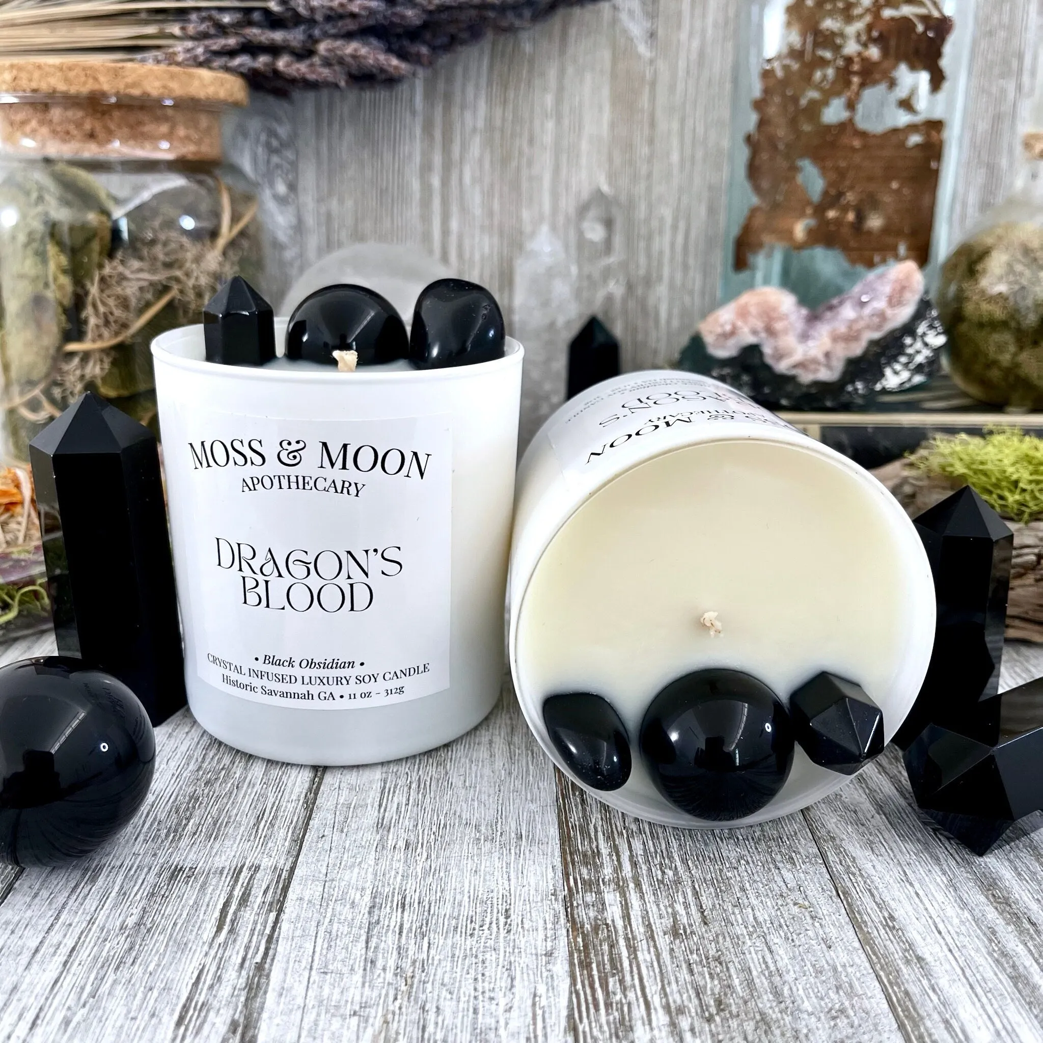 Dragon's Blood Candle with Black Obsidian - Moss & Moon Apothecary Luxury Soy Crystal Candle /