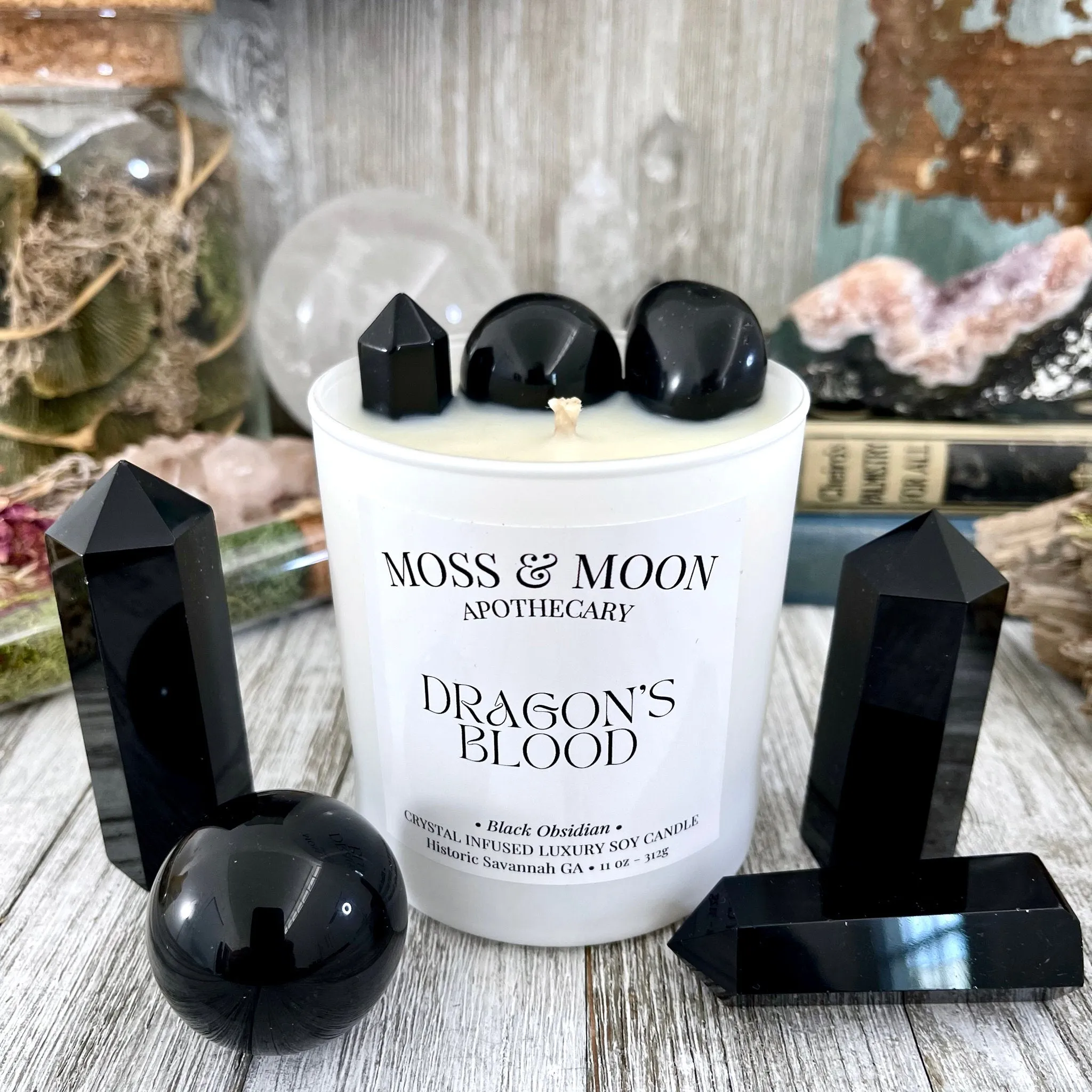 Dragon's Blood Candle with Black Obsidian - Moss & Moon Apothecary Luxury Soy Crystal Candle /