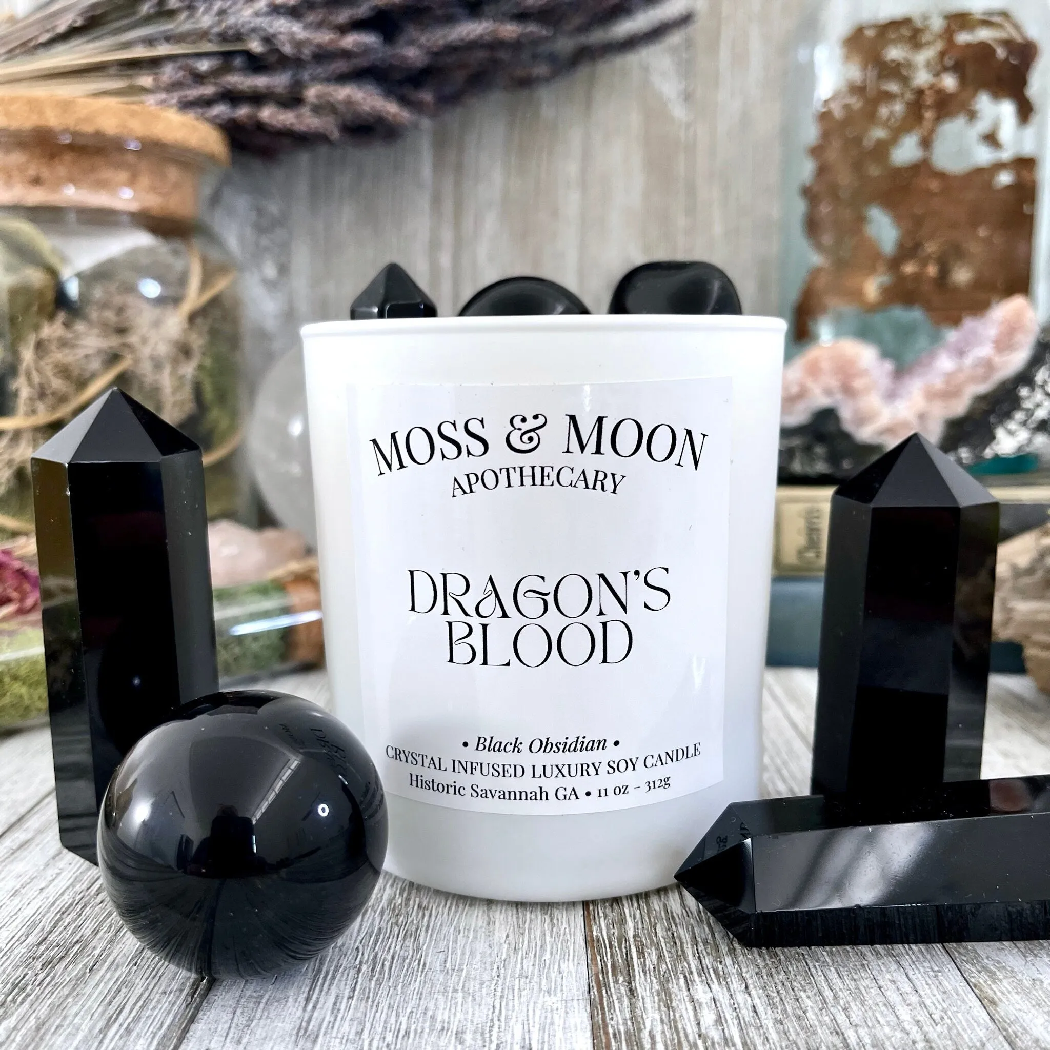 Dragon's Blood Candle with Black Obsidian - Moss & Moon Apothecary Luxury Soy Crystal Candle /