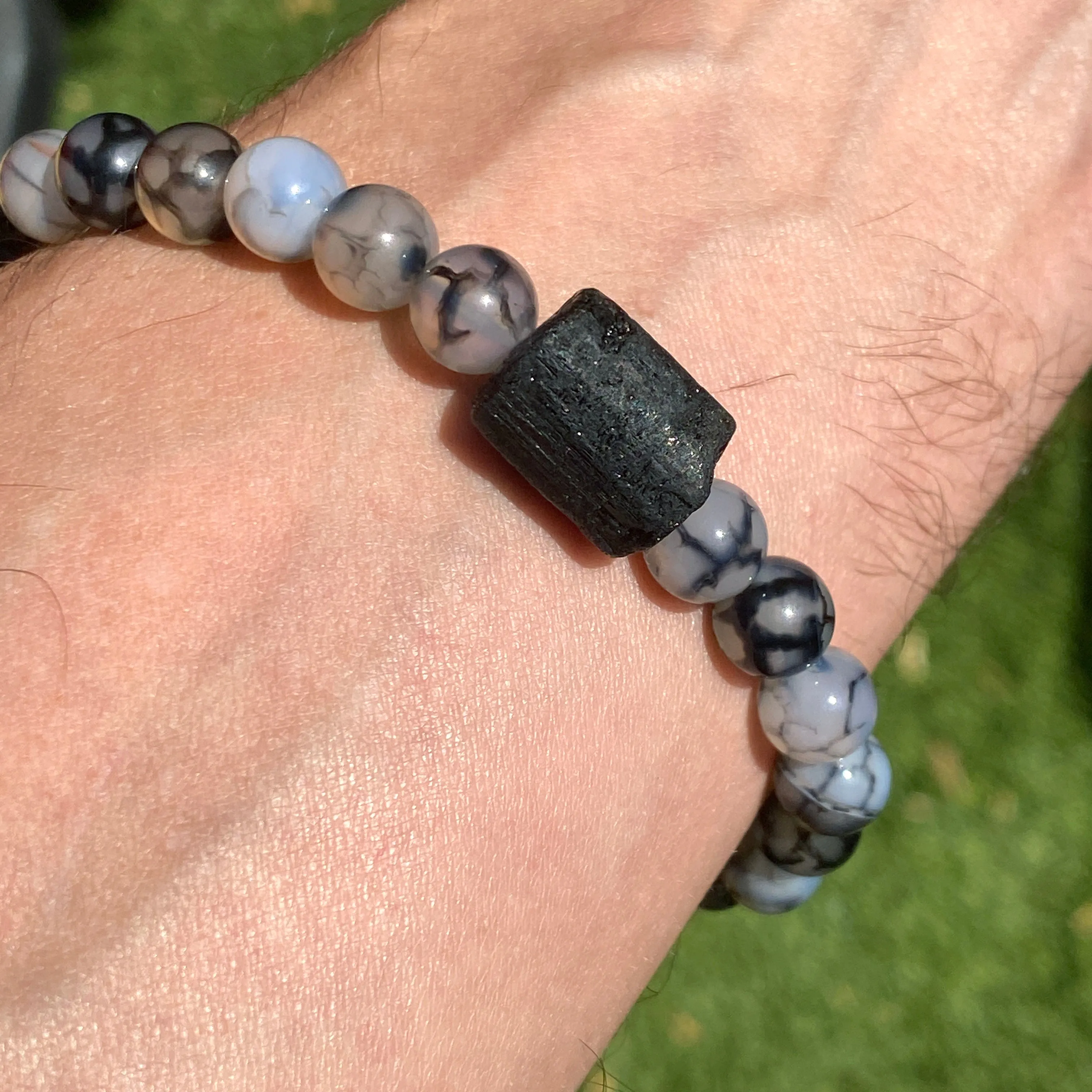 Dragon’s Vein Agate and Black Tourmaline gemstone stretch bracelet