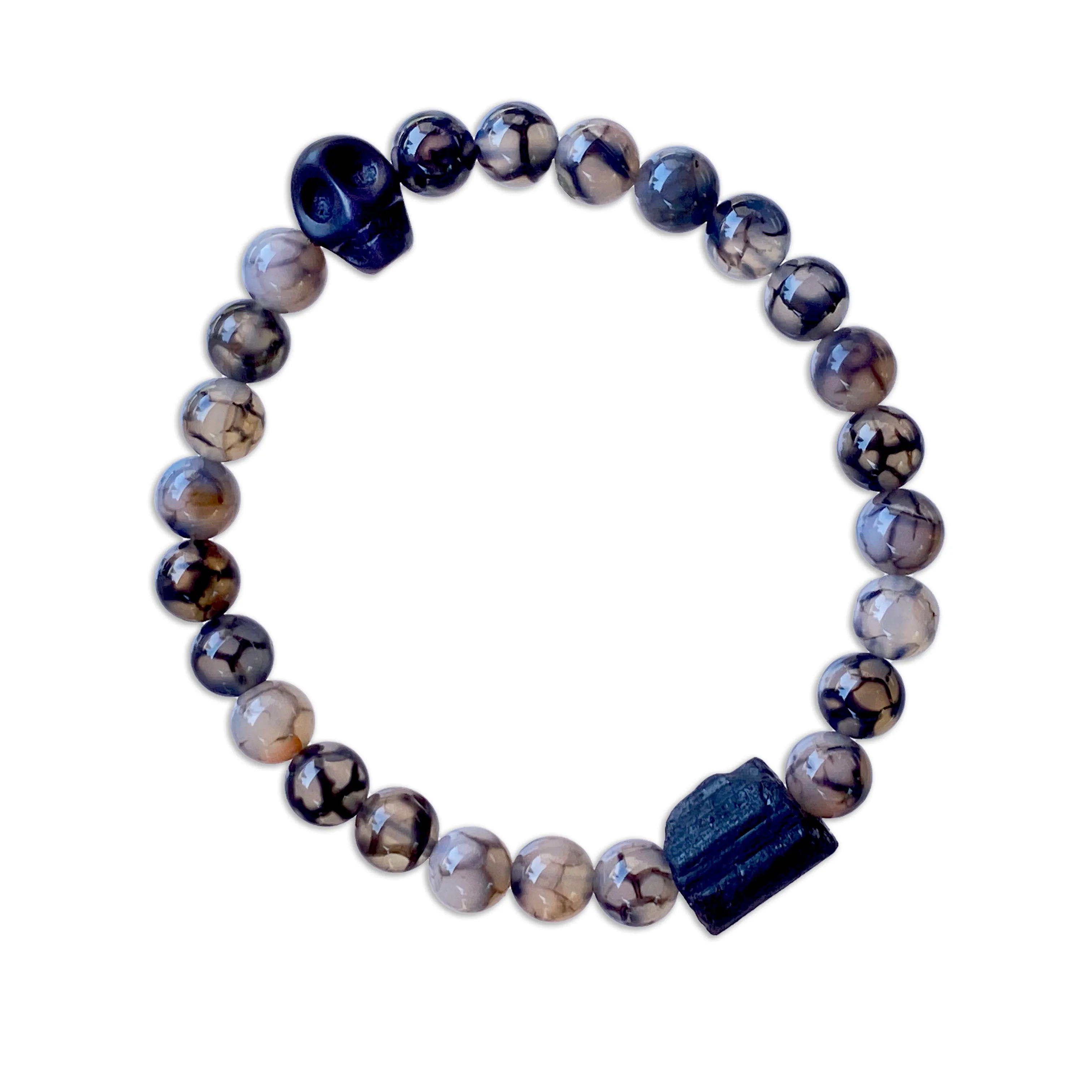 Dragon’s Vein Agate and Black Tourmaline gemstone stretch bracelet