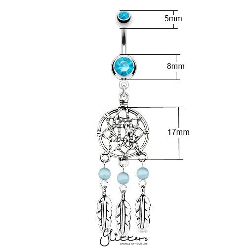 Dream Catcher Net with Bead Based Feathers Fancy Navel Ring -Aqua