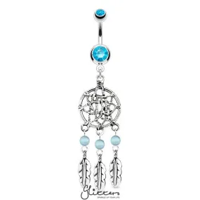 Dream Catcher Net with Bead Based Feathers Fancy Navel Ring -Aqua