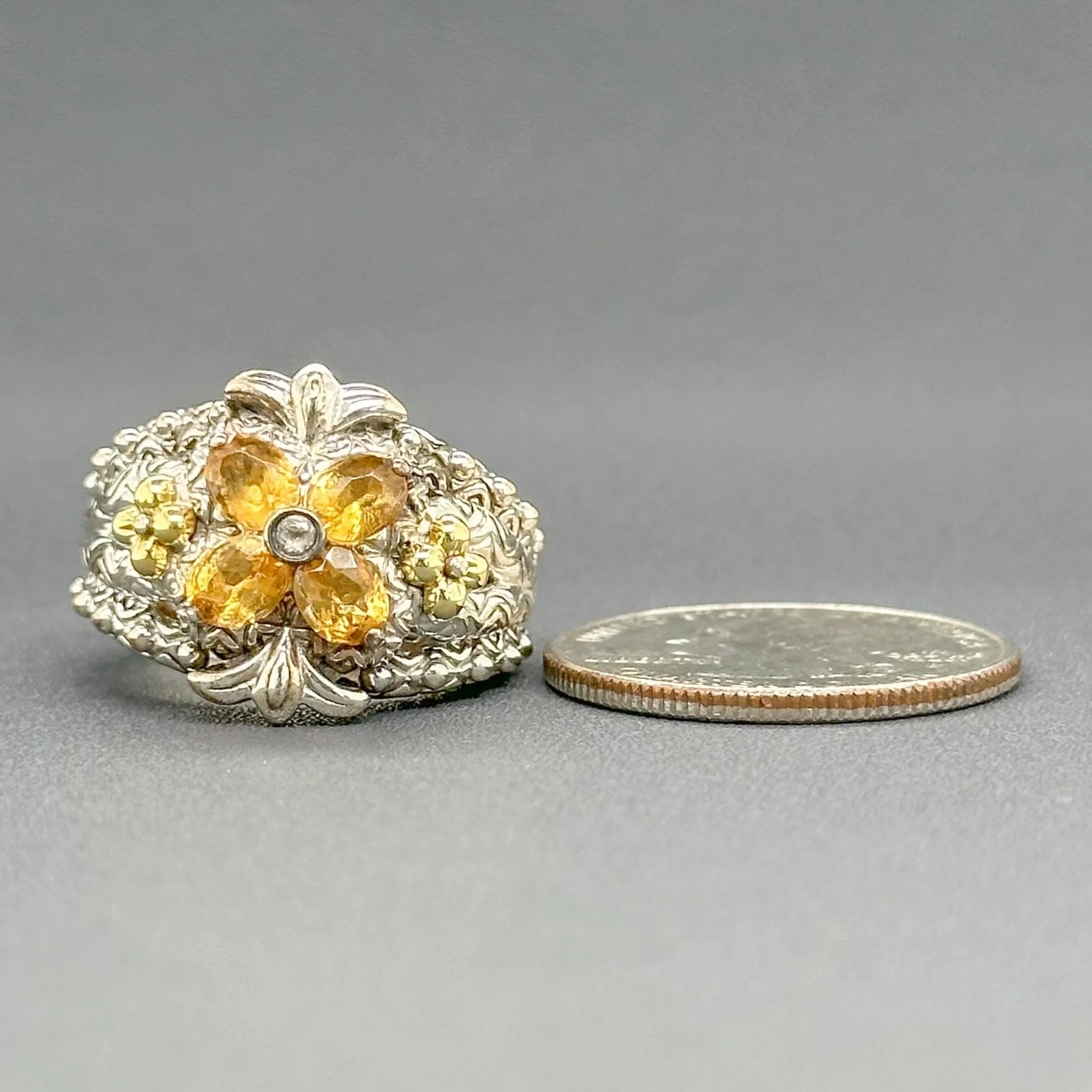 Estate Bixby SS 1.12cttw Citrine & 0.01ct Quartz Flower Ring