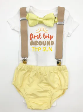 First trip around the Sun theme Smash the Cake Outfit Boy Birthday Outfit 4 Piece Set