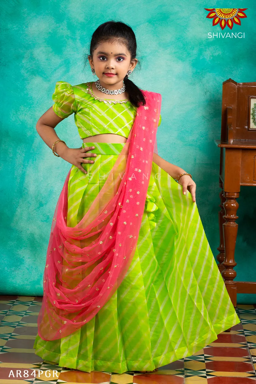 Girls Green Organza Leheriya Lehenga Choli