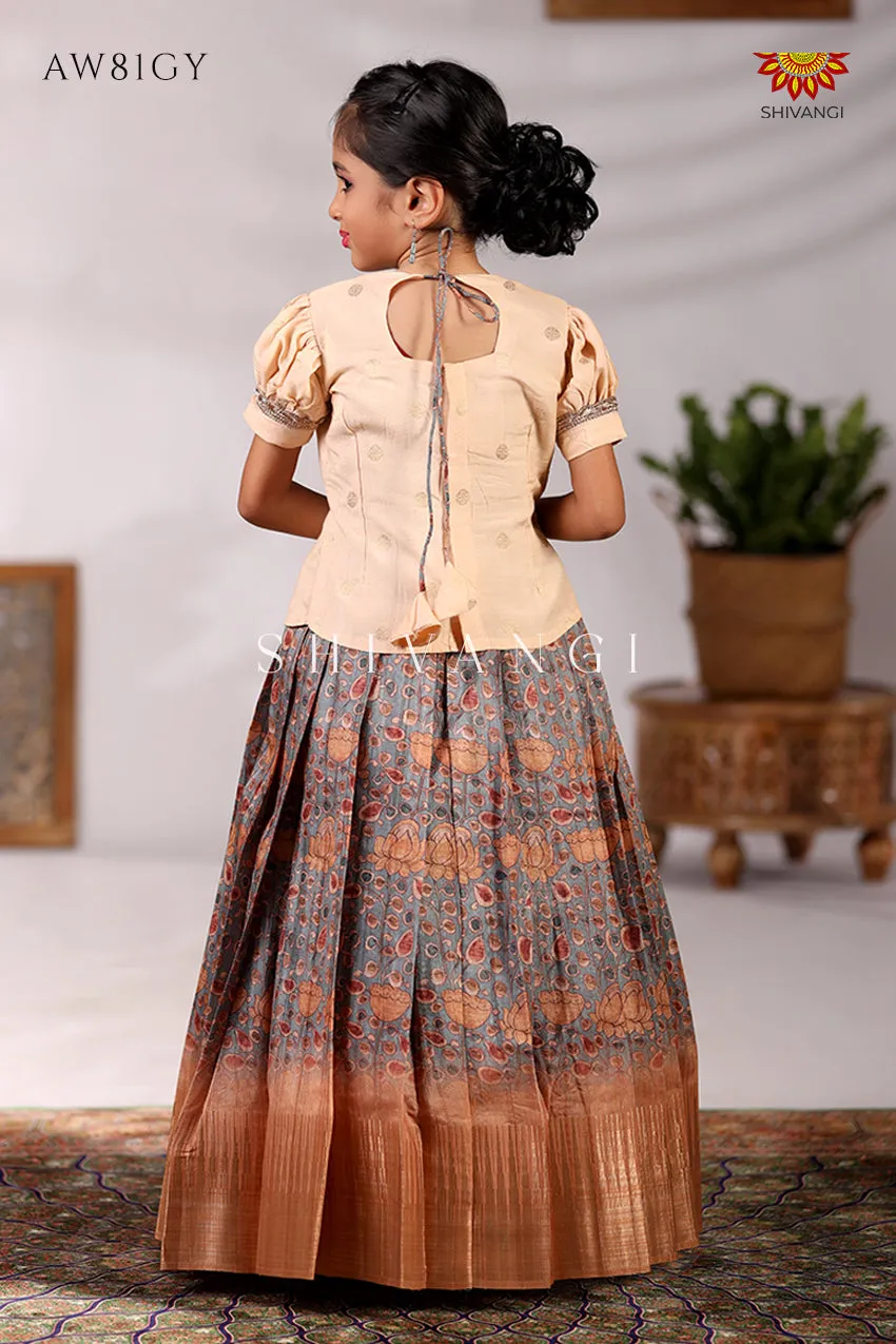 Girls Kalamkari Leaf Pattu Pavadai in Grey - Festive Wear