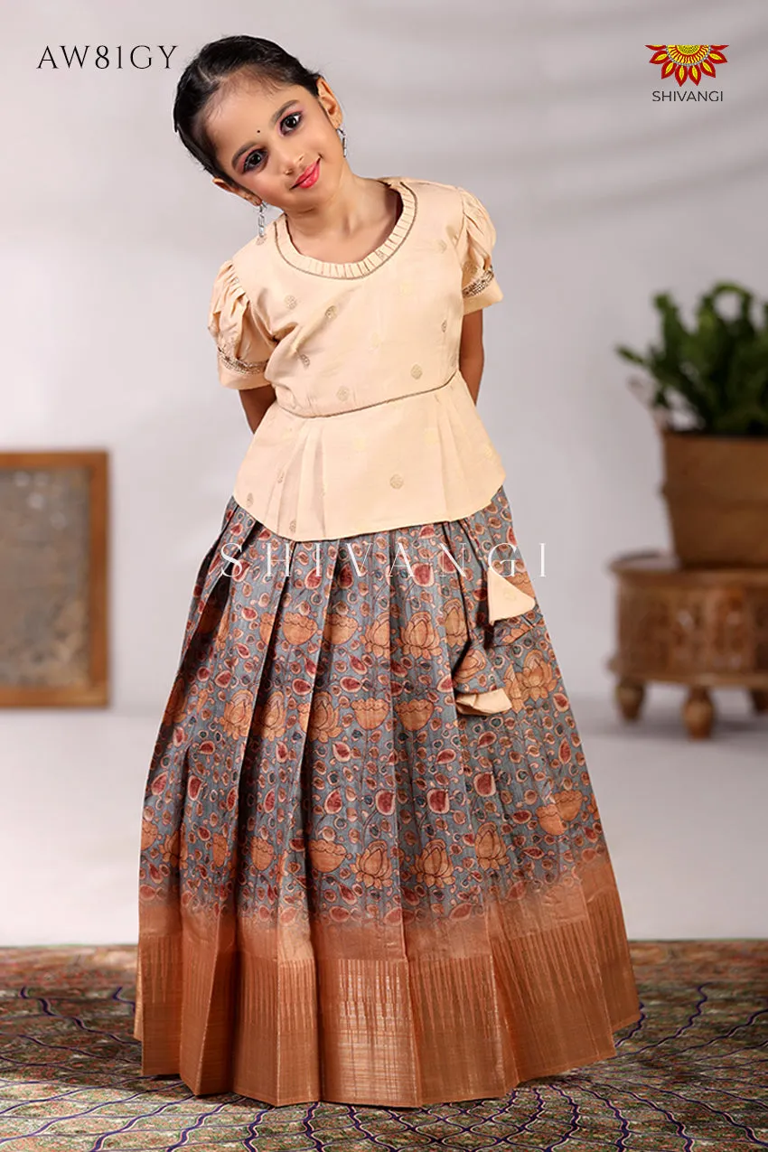 Girls Kalamkari Leaf Pattu Pavadai in Grey - Festive Wear