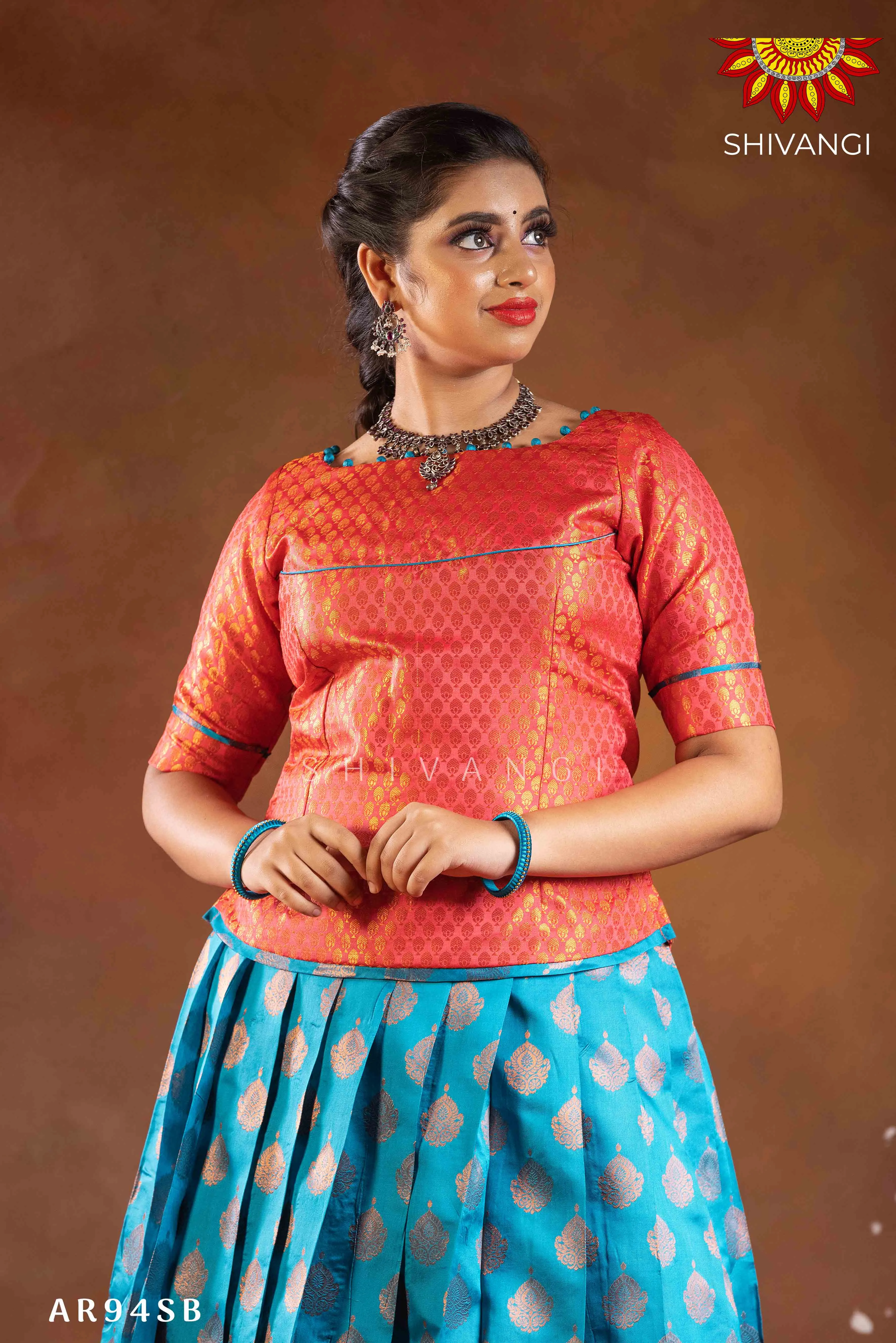 Girls  Sky Blue Copper Pendant Pattu Pavadai |Langa