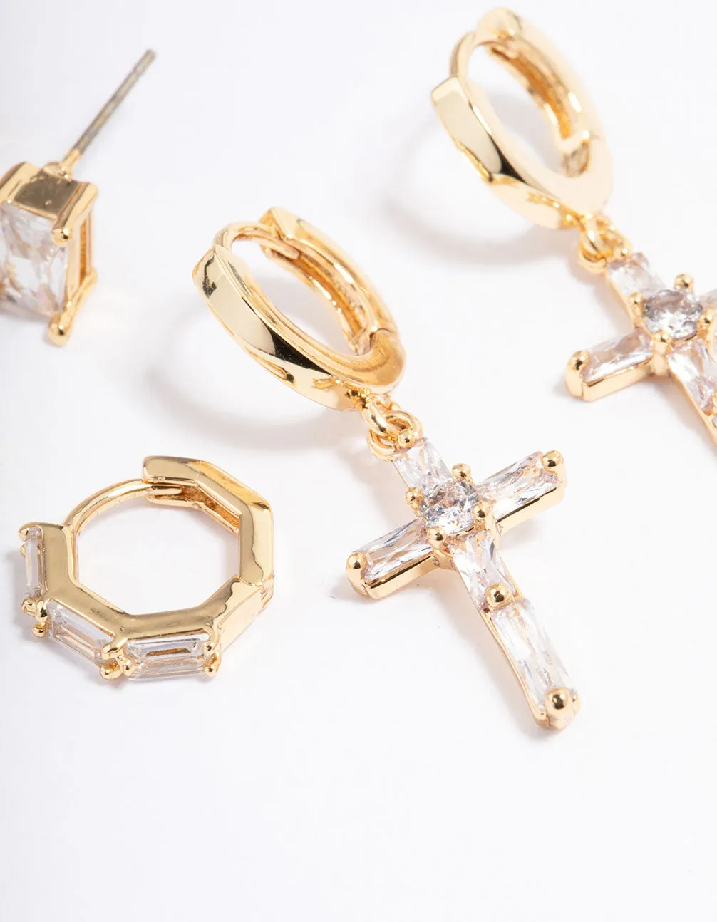 Gold Plated Baguette Cross Earrings Pack