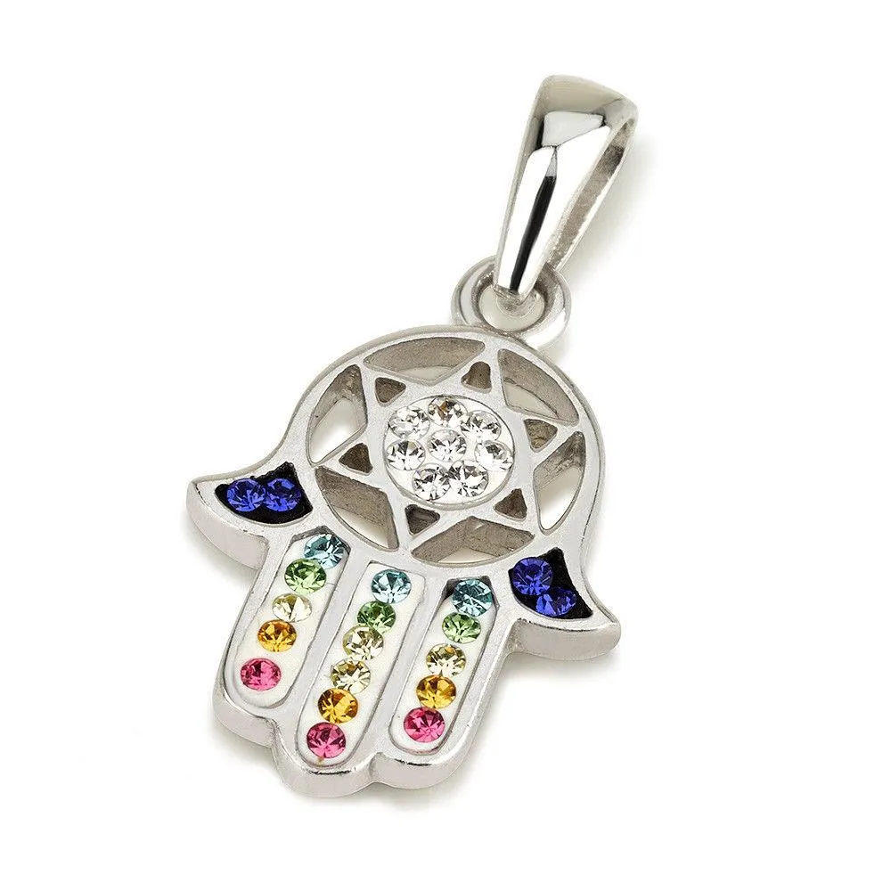 Hamsa Silver Pendant With Colorful Gemstones   925 Sterling Silver Chain #27