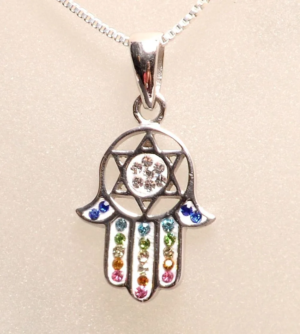 Hamsa Silver Pendant With Colorful Gemstones   925 Sterling Silver Chain #27