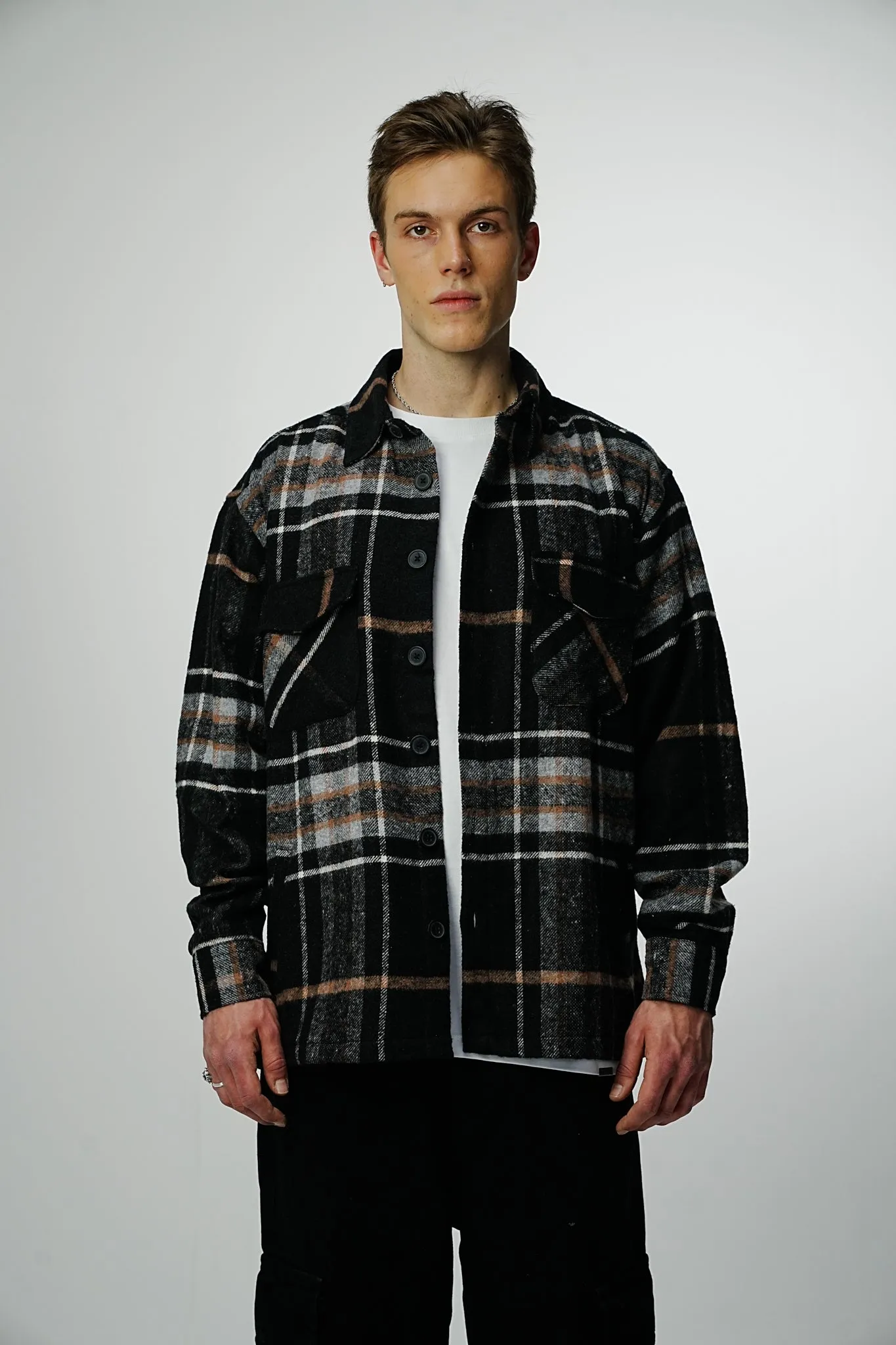 Heavy Oversized Flannel Shirt Black Woodpecker