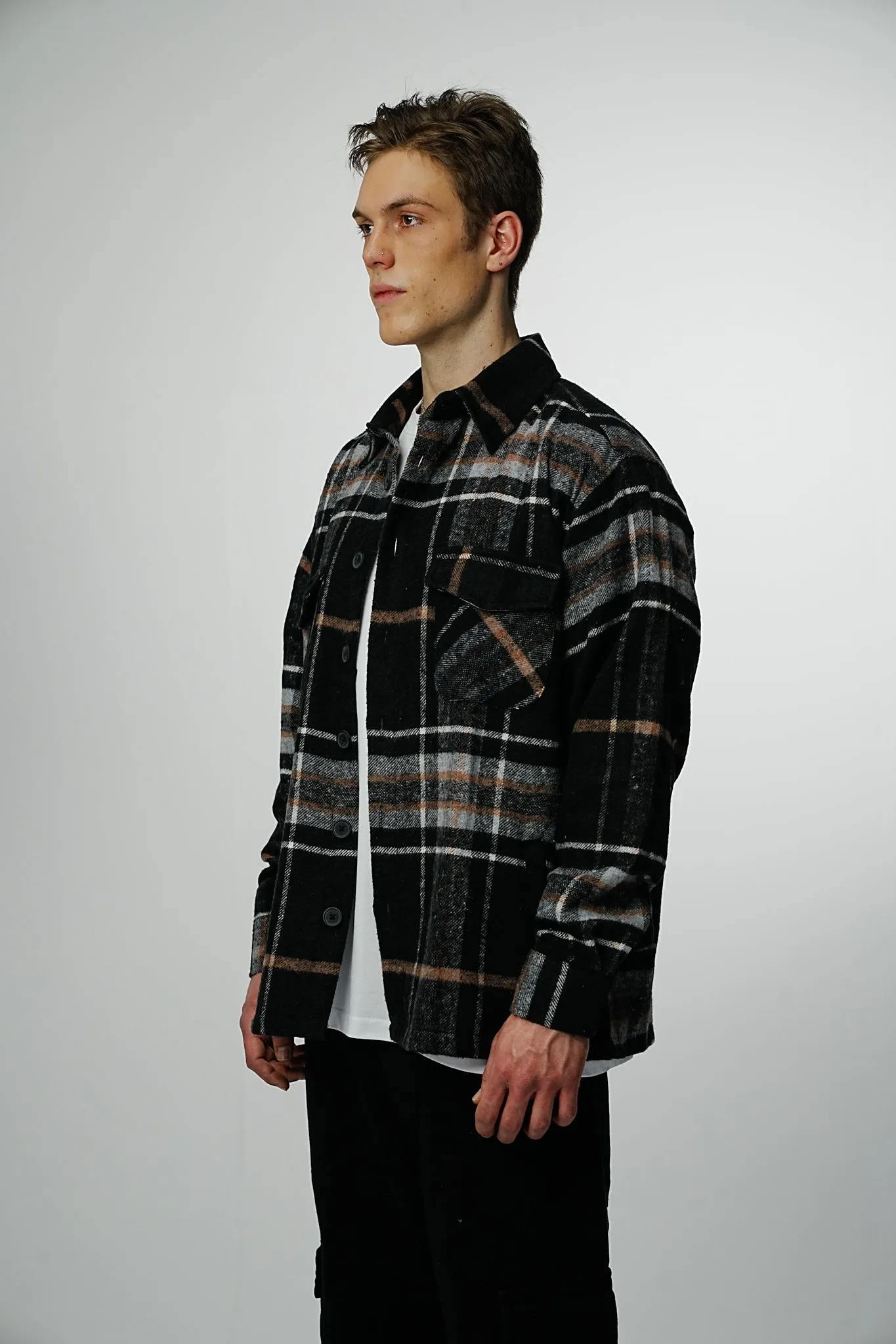 Heavy Oversized Flannel Shirt Black Woodpecker