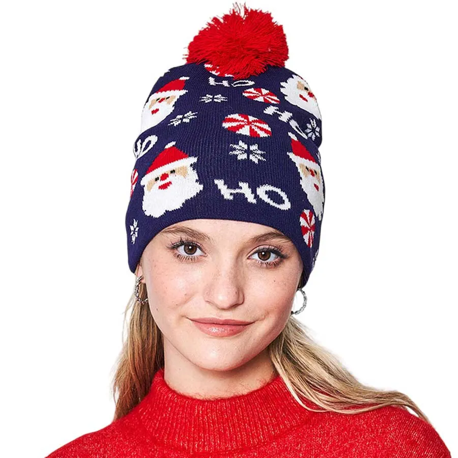 HoHoHo Message Santa Claus Candy Cane Pom Pom Beanie Hat