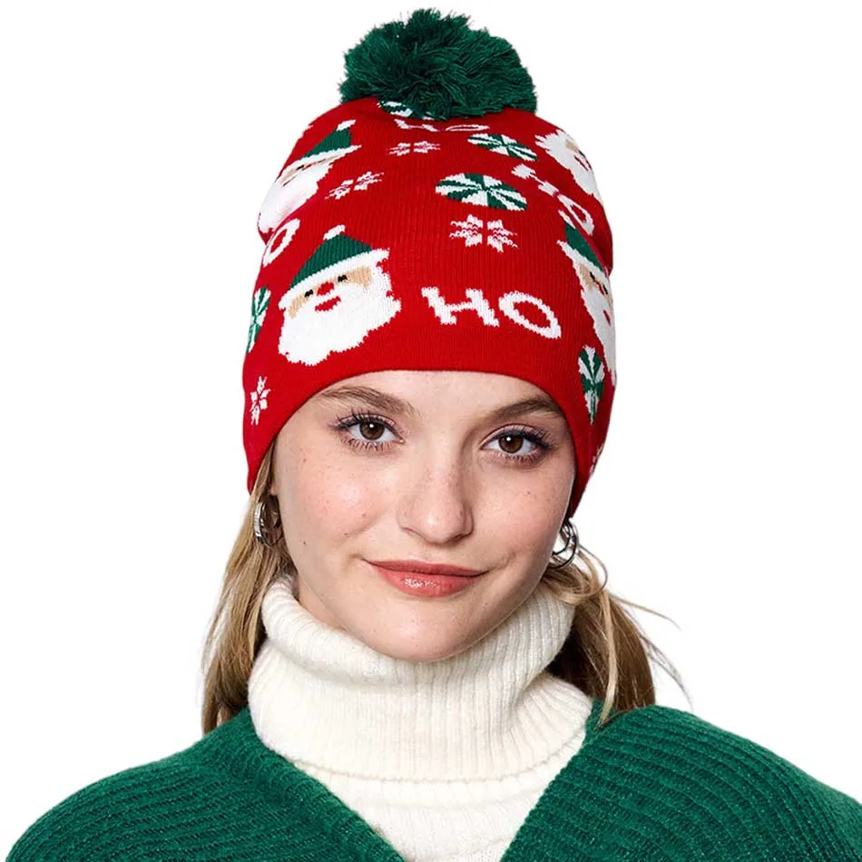 HoHoHo Message Santa Claus Candy Cane Pom Pom Beanie Hat