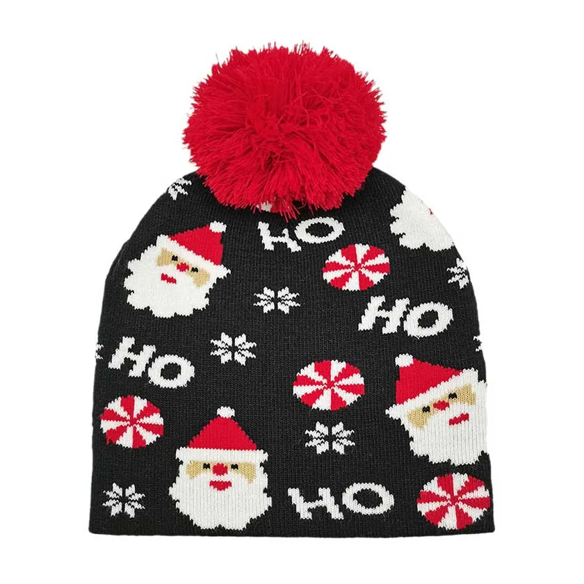 HoHoHo Message Santa Claus Candy Cane Pom Pom Beanie Hat