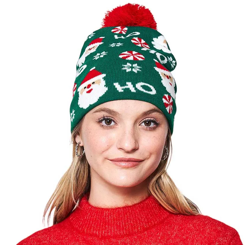 HoHoHo Message Santa Claus Candy Cane Pom Pom Beanie Hat