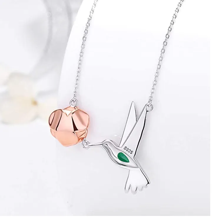 Hummingbird & Flower Pendant Necklace Sterling Silver