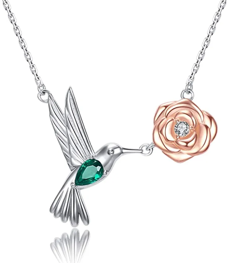 Hummingbird & Flower Pendant Necklace Sterling Silver