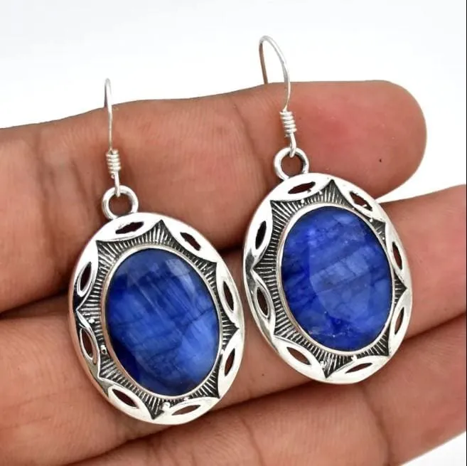 Indian Sapphire 925 Sterling Silver Earrings,Handmade Filigree Fine Jewelry, For Girls