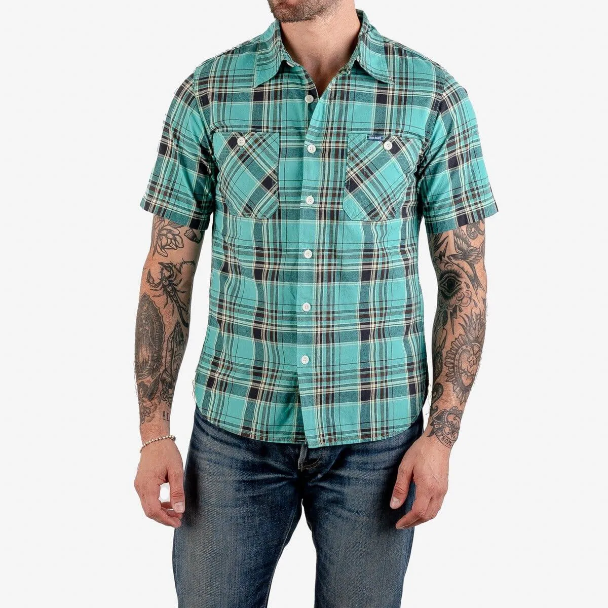 Iron Heart - IHSH-360-GRN - 5oz Selvedge Madras Check Short Sleeve Work Shirt - Green