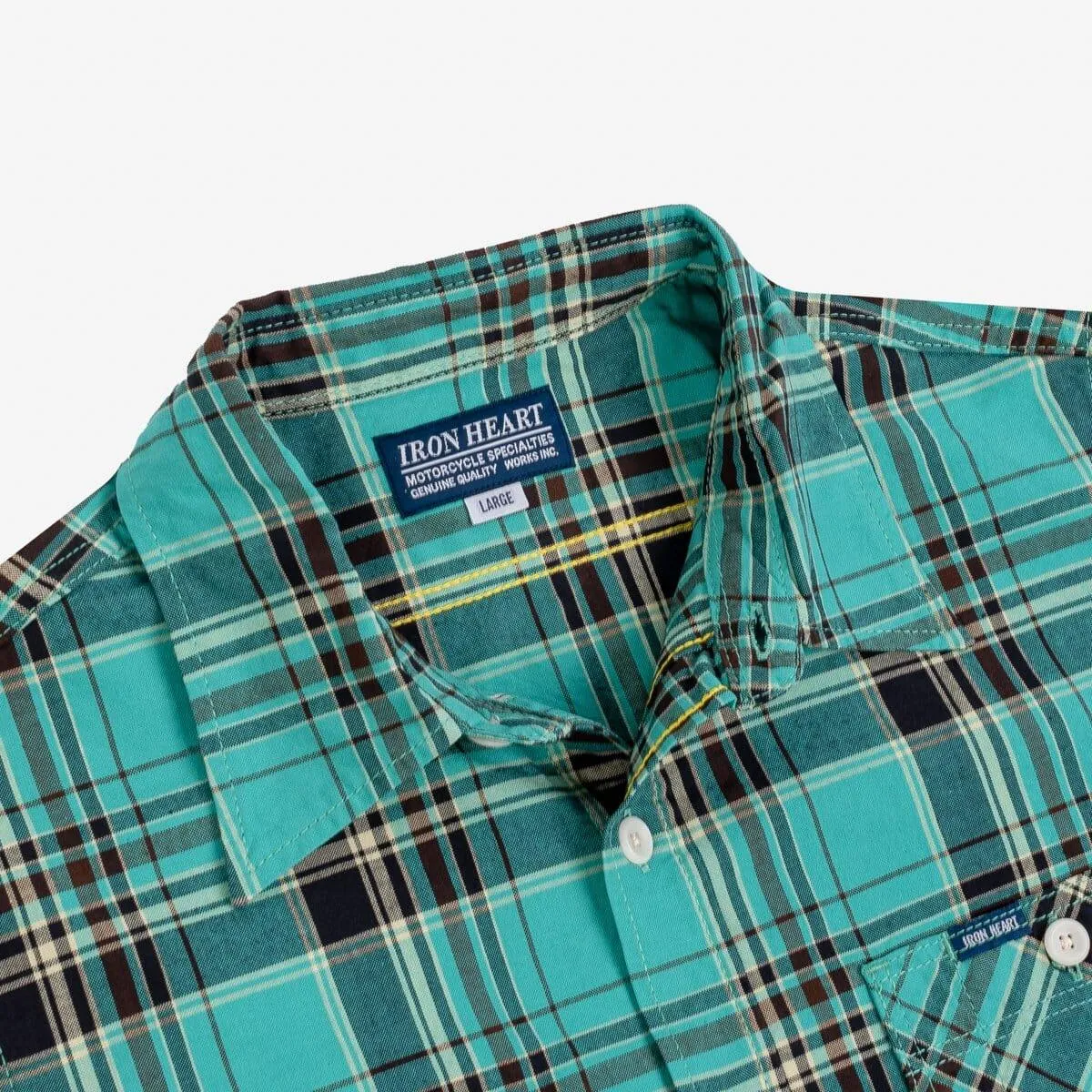 Iron Heart - IHSH-360-GRN - 5oz Selvedge Madras Check Short Sleeve Work Shirt - Green