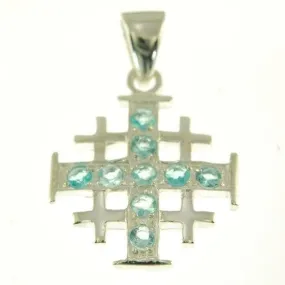 Jerusalem Cross Silver Pendant with Light Blue Gemstones   925 Silver Necklace