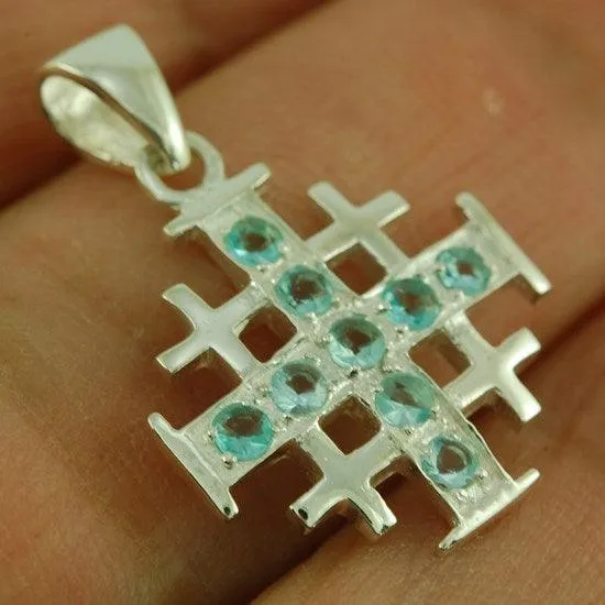 Jerusalem Cross Silver Pendant with Light Blue Gemstones   925 Silver Necklace